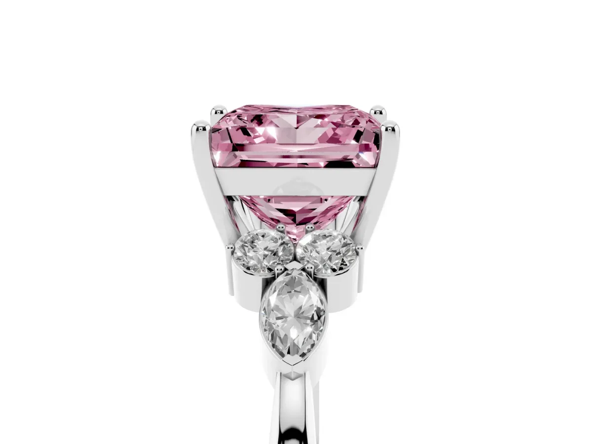 Fancy Pink Princess Cut Brilliant Diamond Solitaire Ring with Pear Side Stones and Four-Prong Setting White gold