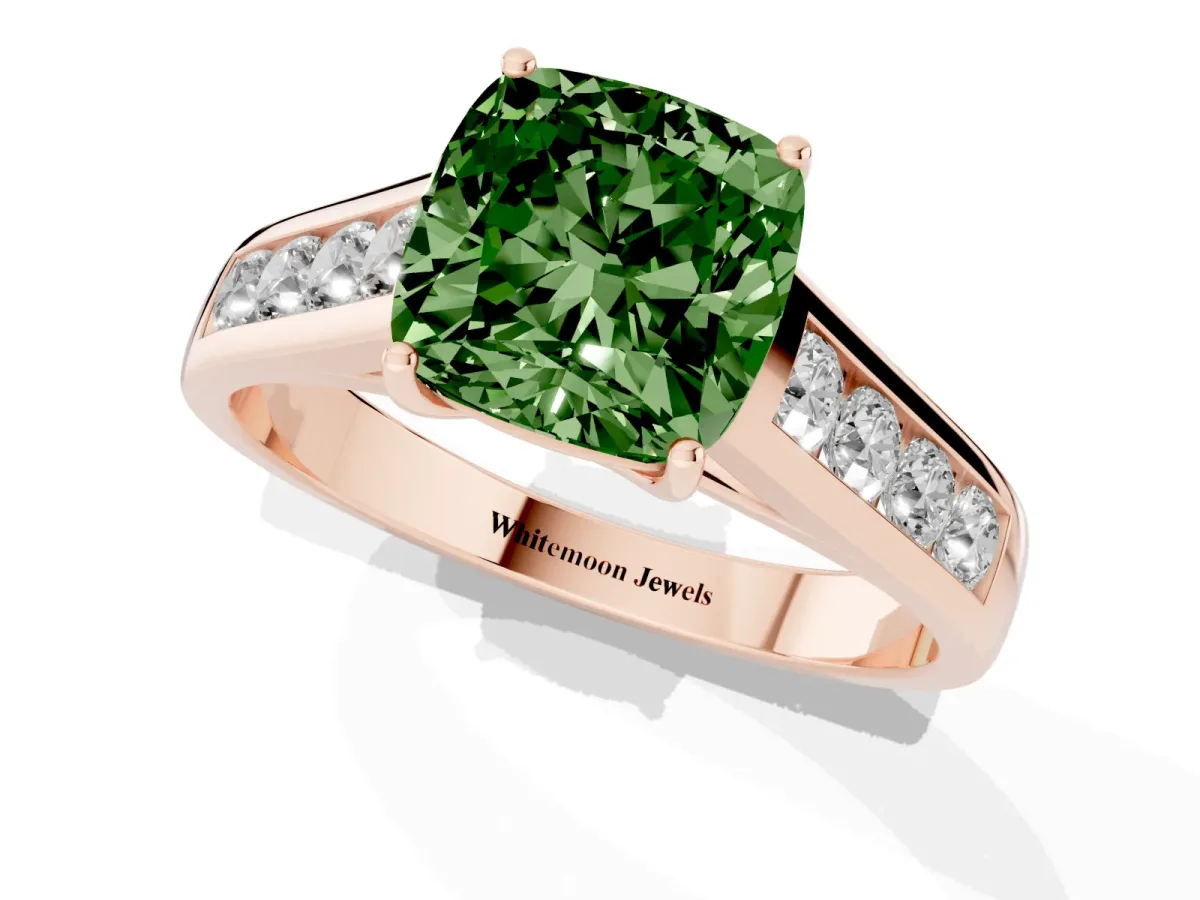 Fancy Green Cushion Cut Solitaire Channel-Set Diamond Engagement Ring with Four-Prong Setting Rose gold