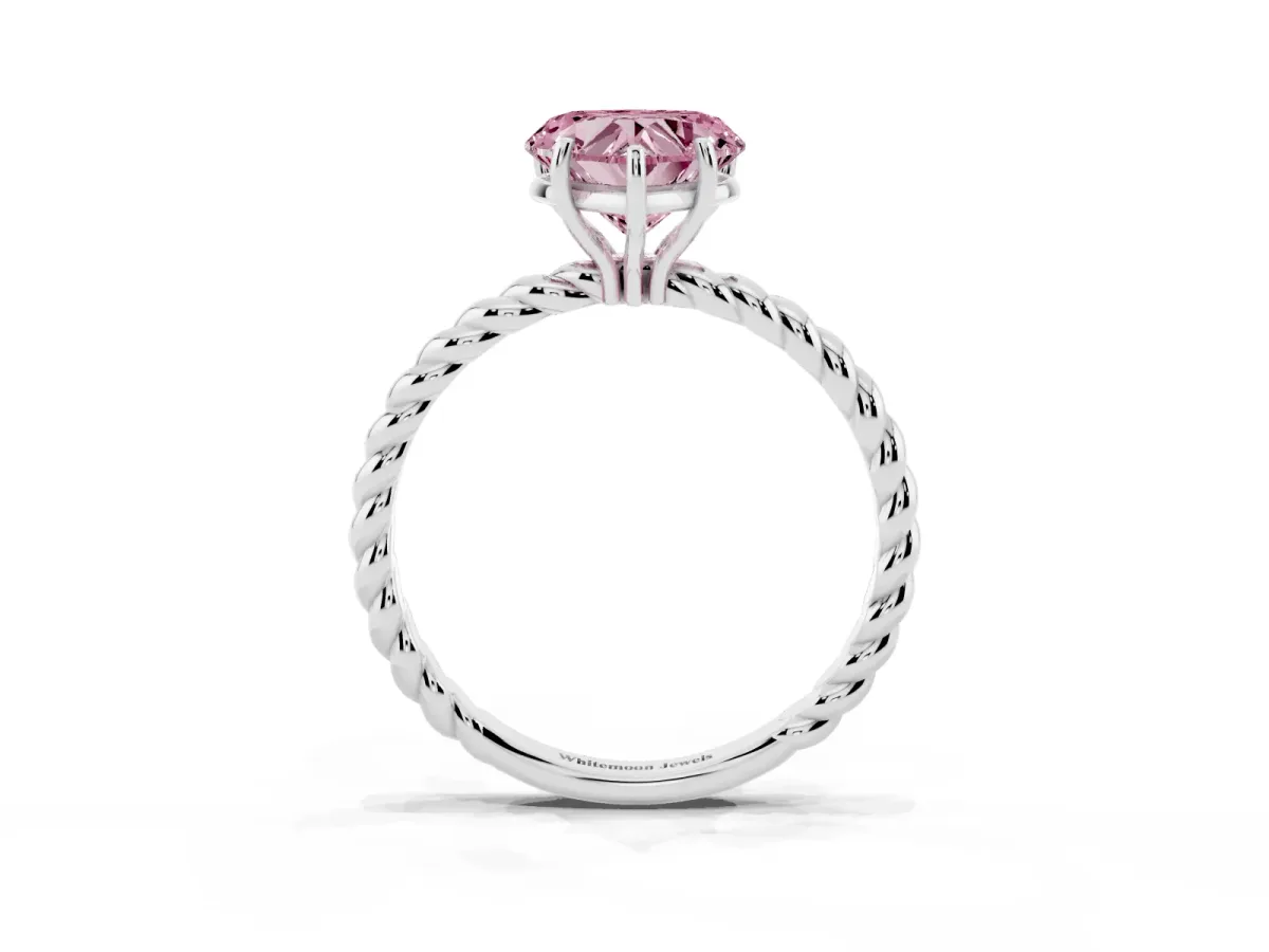Fancy Pink Heart Cut Solitaire Twist Band Ring with Four-Prong Setting Silver