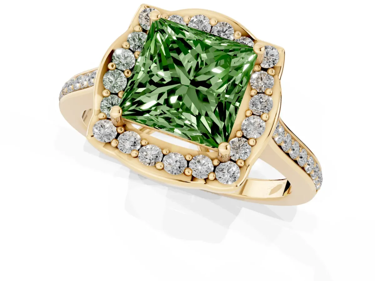 Fancy Green Princess Cut Halo Round Diamond Pave Band with Four-Prong Setting Yellow gold