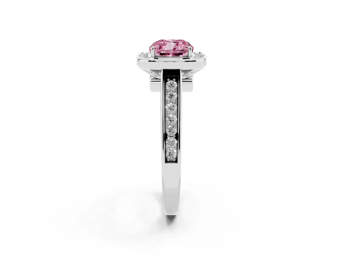 Fancy Pink Cushion Cut Halo Solitaire Diamond Ring with Pave Band and Bezel Setting Platinum