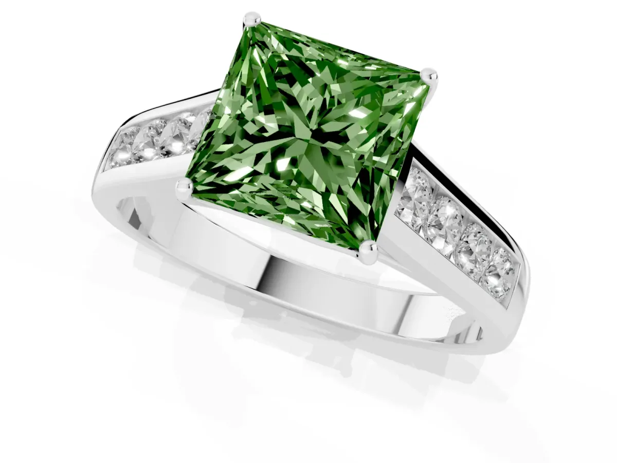 Fancy Green Princess Cut Solitaire Channel-Set Diamond Engagement Ring with Four-Prong Setting Silver