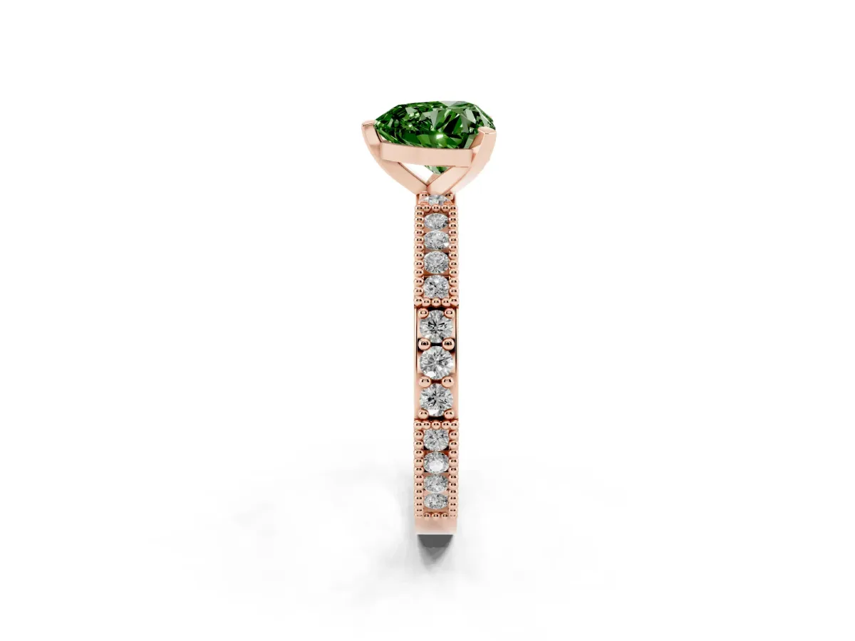 Fancy Green Heart Cut Solitaire with Pavé Band and Four-Prong Setting Rose gold