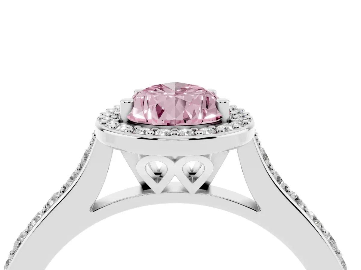 Fancy Pink Pear Cut Diamond Halo Engagement Ring with Round Pavé Shoulders and Prong Setting White gold