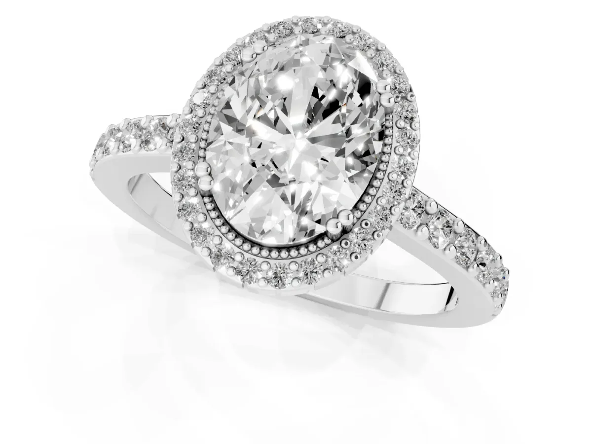 Oval Cut Cut Diamond Halo Engagement Ring with Milgrain Detail and Pavé Band White gold