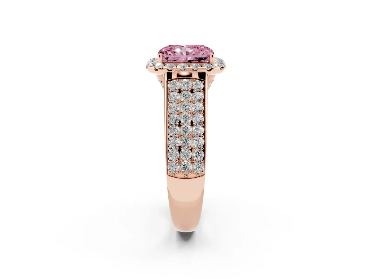 Fancy Pink Radiant Cut Halo Round Diamond Pave Band with Prong Setting Rose gold