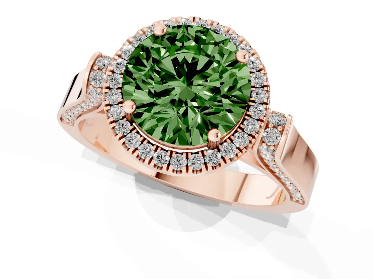 Fancy Green Round Cut Halo Pave Split Shank Prong Setting Ring Rose gold