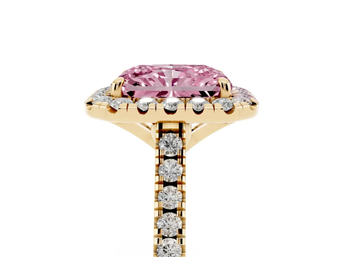 Fancy Pink Radiant Cut Diamond Cushion Halo Ring with Pavé Band Yellow gold