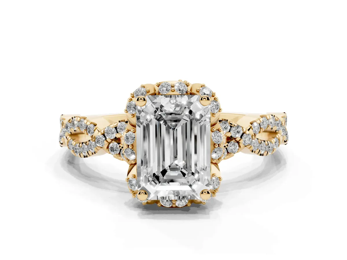 Emerald Cut Halo Twist Band Solitaire Ring with Six-Prong Setting Yellow gold