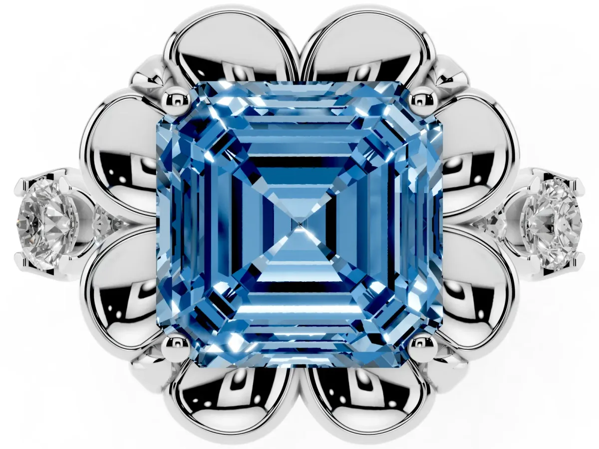 Fancy Blue Asscher Cut Cut Diamond Floral Halo Engagement Ring with Shared Prong Setting Silver