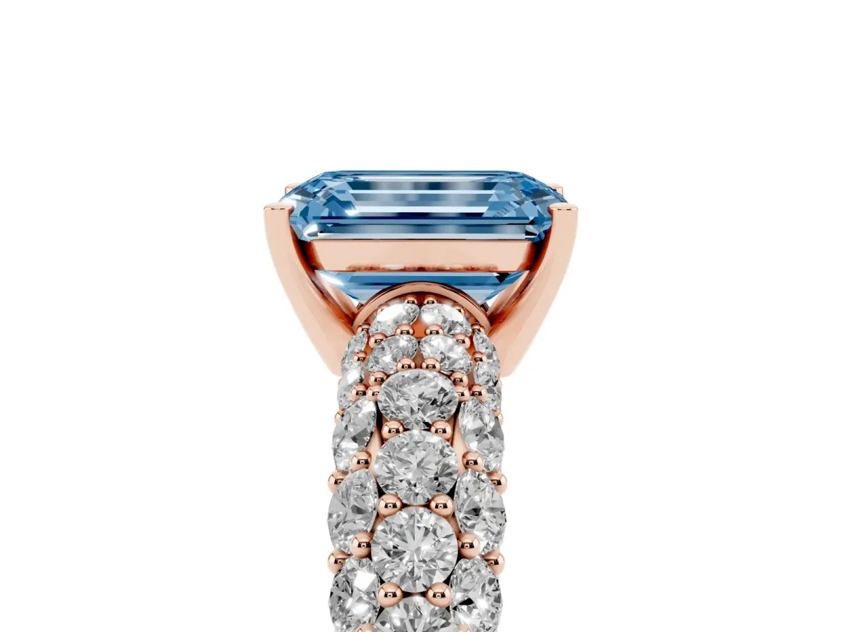 Fancy Blue Emerald Cut Diamond Pavé Band Solitaire Ring with Four-Prong Setting Rose gold