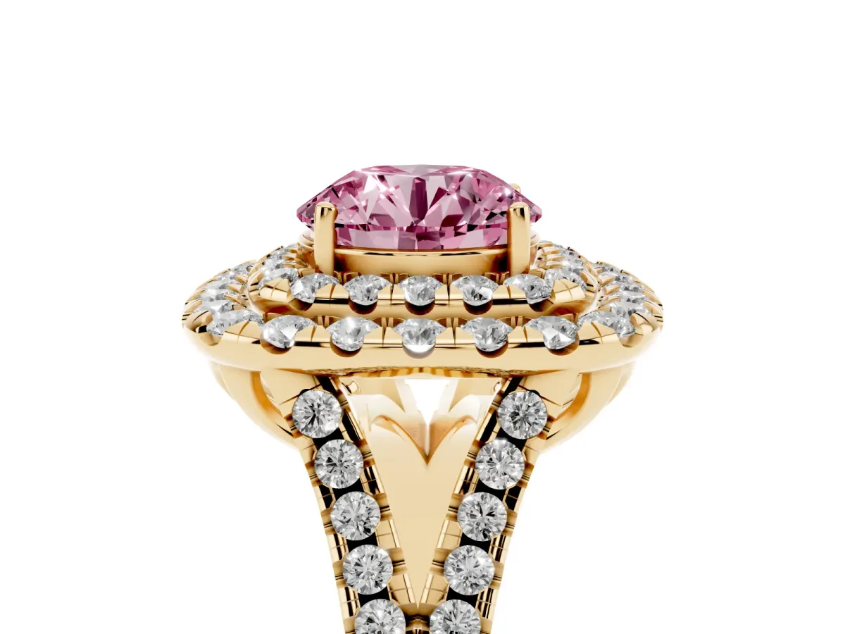 Fancy Pink Double Halo Round Cut Diamond Pavé Split Shank Ring with Prong Setting Yellow gold