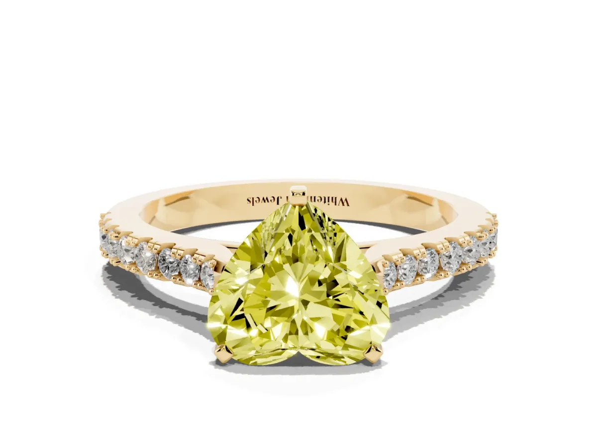 Fancy Yellow Heart Cut Cut Solitaire Diamond Engagement Ring with Pave Band and Four-Prong Setting Yellow gold