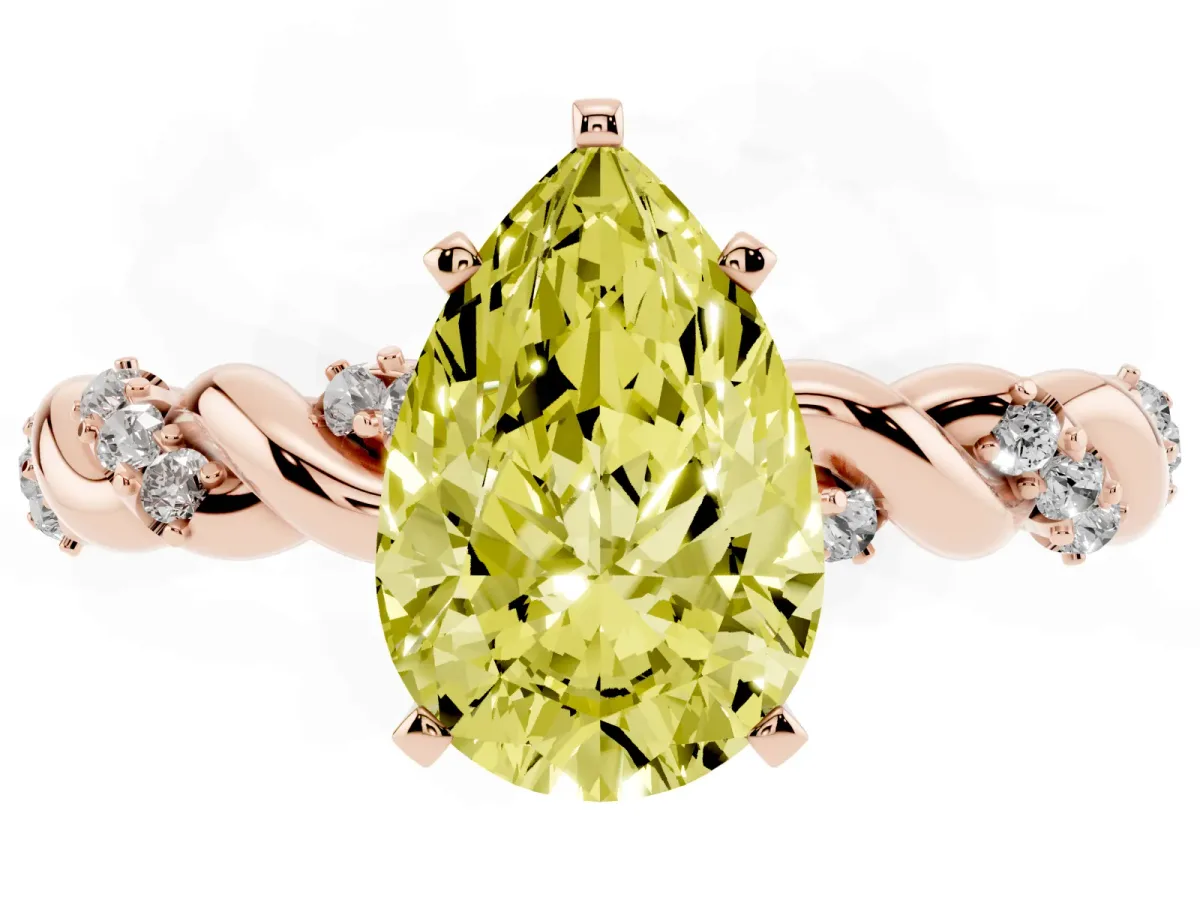 Fancy Yellow Pear Cut Diamond Solitaire Ring with Twisted Band and Pavé Accents Rose gold