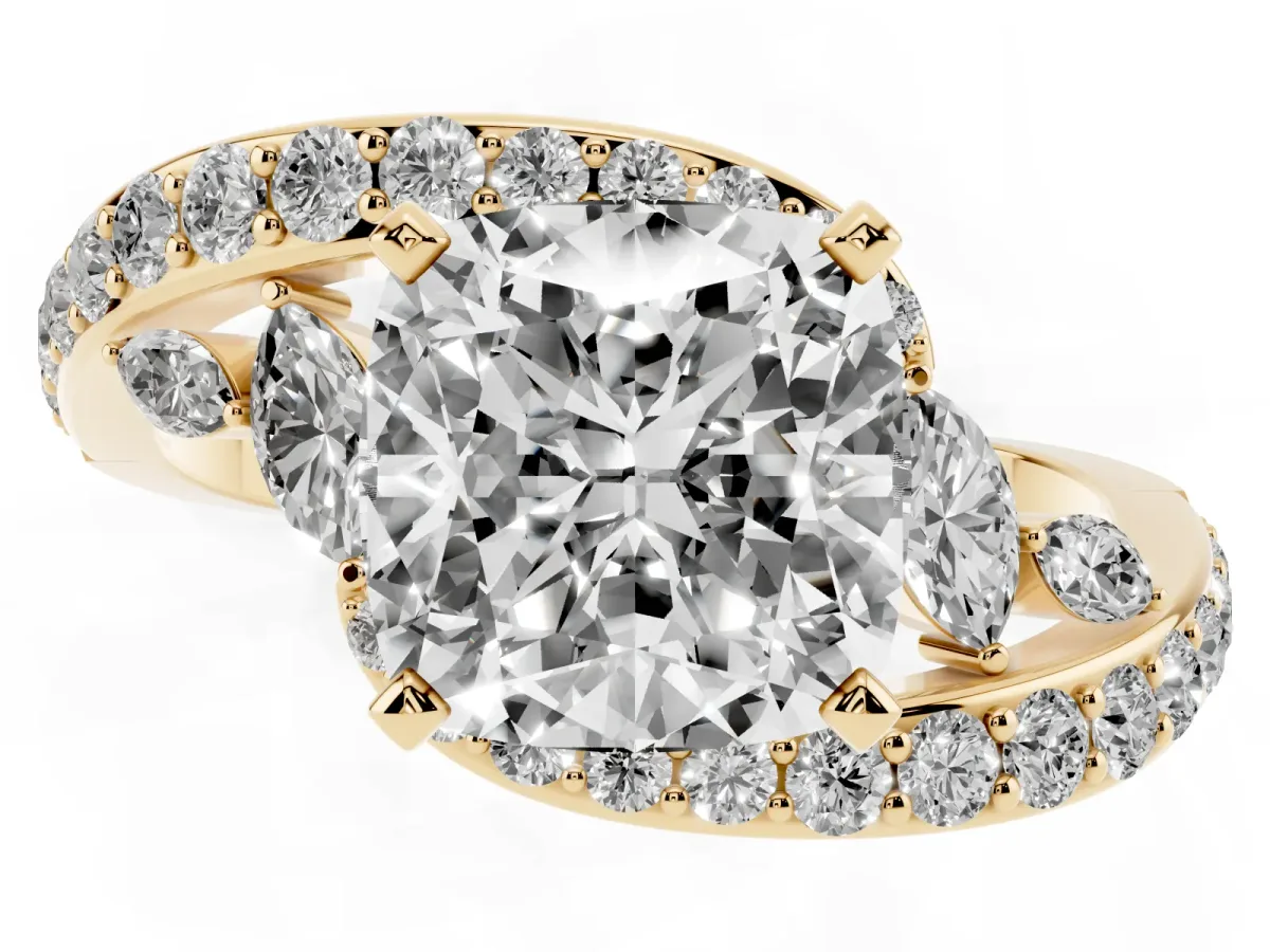 Cushion Cut Diamond Solitaire Ring with Filigree Band and Four-Prong Setting Yellow gold