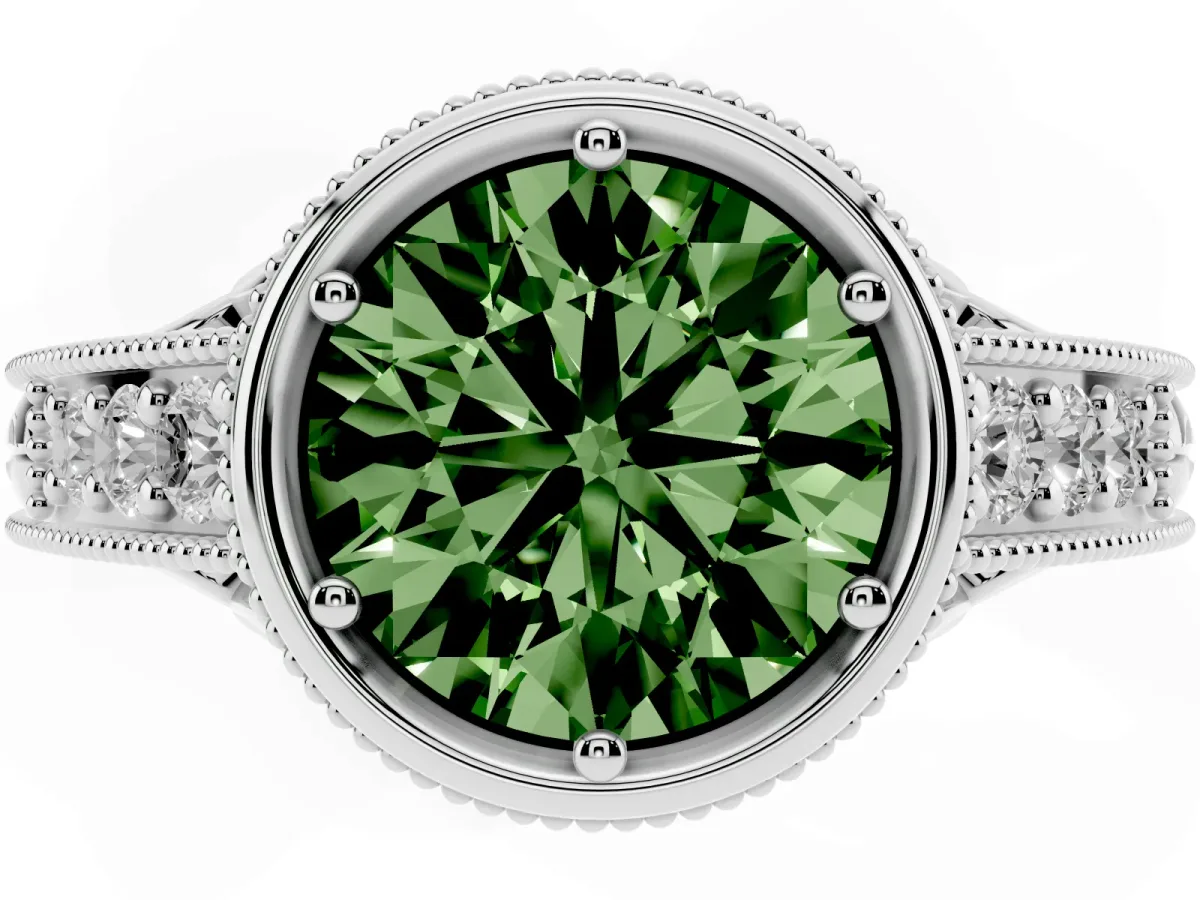 Fancy Green Bezel Set Round Cut Diamond Milgrain Pave Engagement Ring Silver