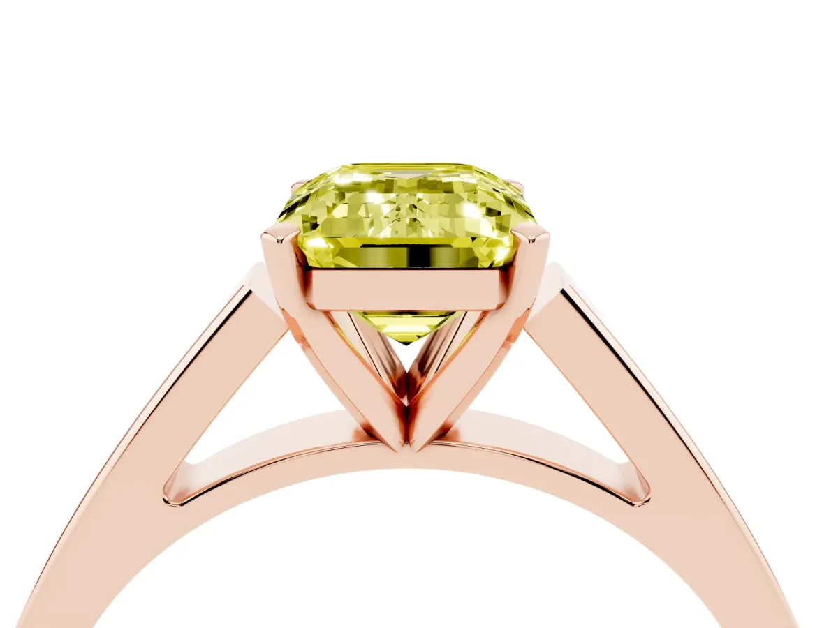 Fancy Yellow Emerald Cut Solitaire Engagement Ring with Four-Prong Setting and Tapered Band Rose gold