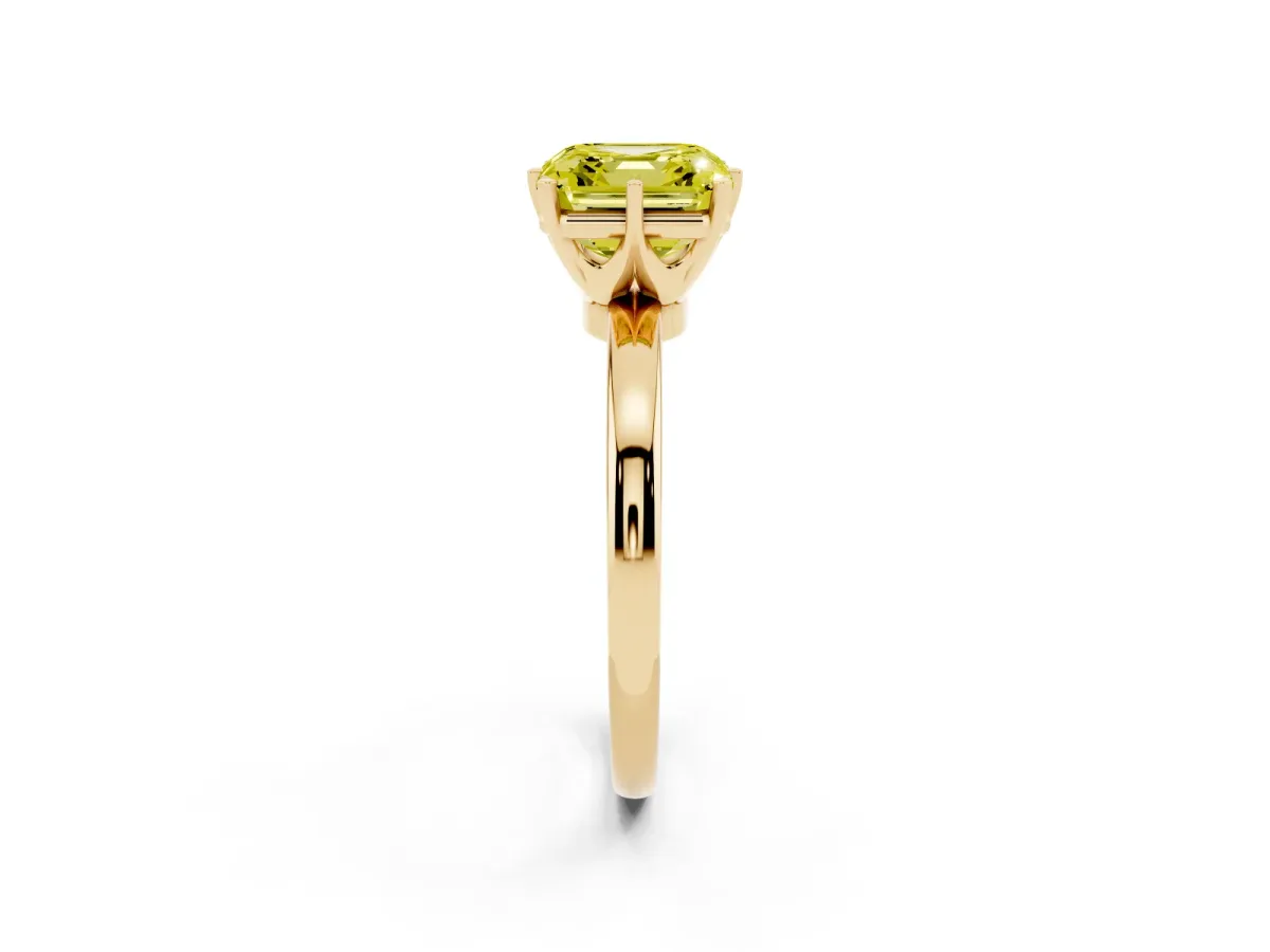 Fancy Yellow Asscher Cut Solitaire Diamond Ring with Six-Prong Setting on a Classic Band Yellow gold
