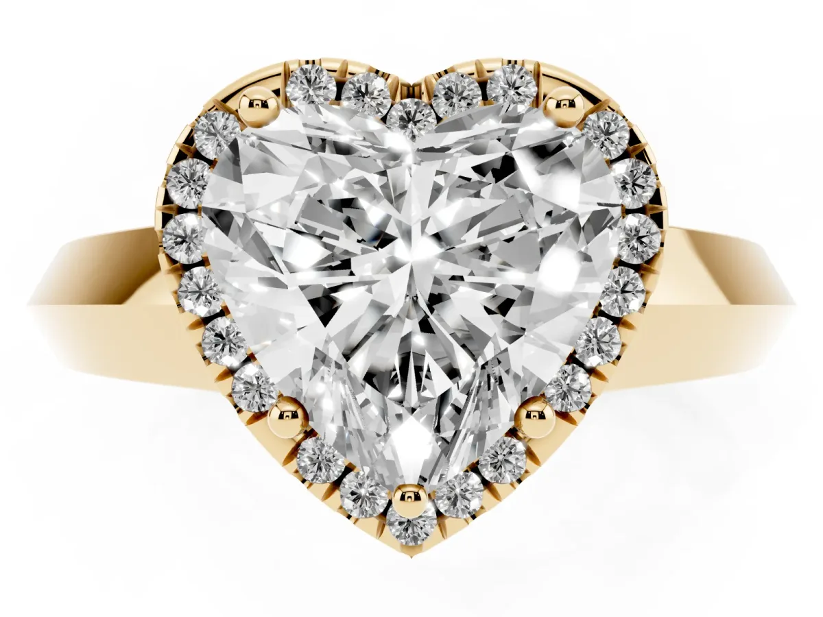 Heart Cut Halo Diamond Ring with Cathedral Band and Four-Prong Setting Yellow gold