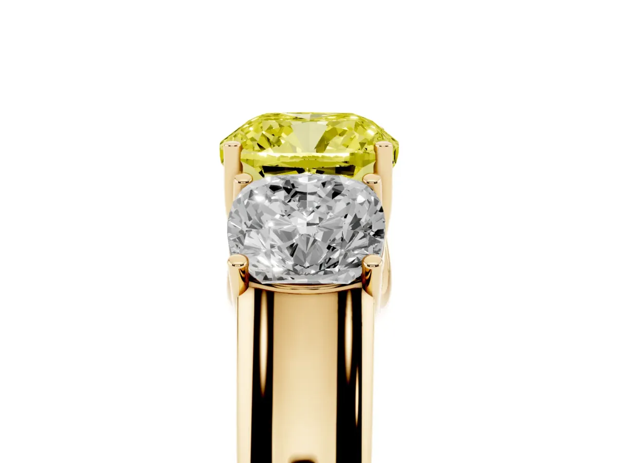Fancy Yellow Three-Stone Cushion Cut Cut Diamond Ring with Prong Setting and Classic Band Yellow gold