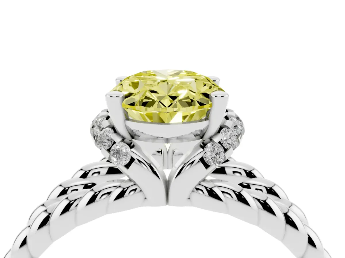 Fancy Yellow Oval Cut Halo Twisted Band Four-Prong Ring Silver