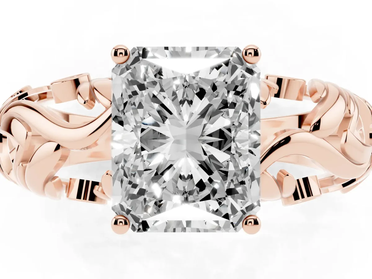 Radiant Cut Solitaire Diamond Leaf-Inspired Vine Band Ring with Prong Setting Rose gold