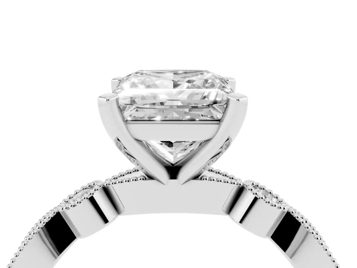 Princess Cut Milgrain Bezel Diamond Engagement Ring with Solitaire Prong Setting Silver