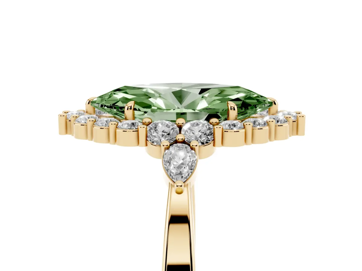 Fancy Green Marquise Cut Diamond Halo Ring with Pear Side Stones and Prong Setting Yellow gold