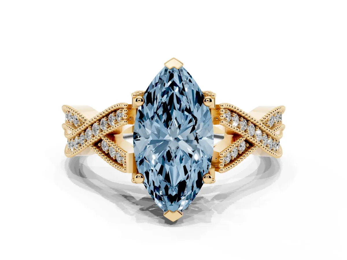 Fancy Blue Marquise Cut Cut Diamond Twisted Band with Milgrain Pave Setting and Four-Prong Setting Yellow gold