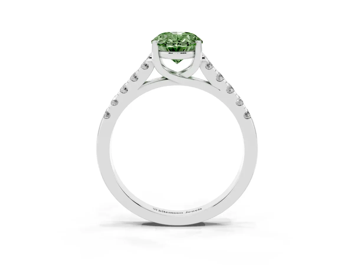 Fancy Green Oval Cut Diamond Pavé Band Solitaire Ring with Prong Setting Platinum