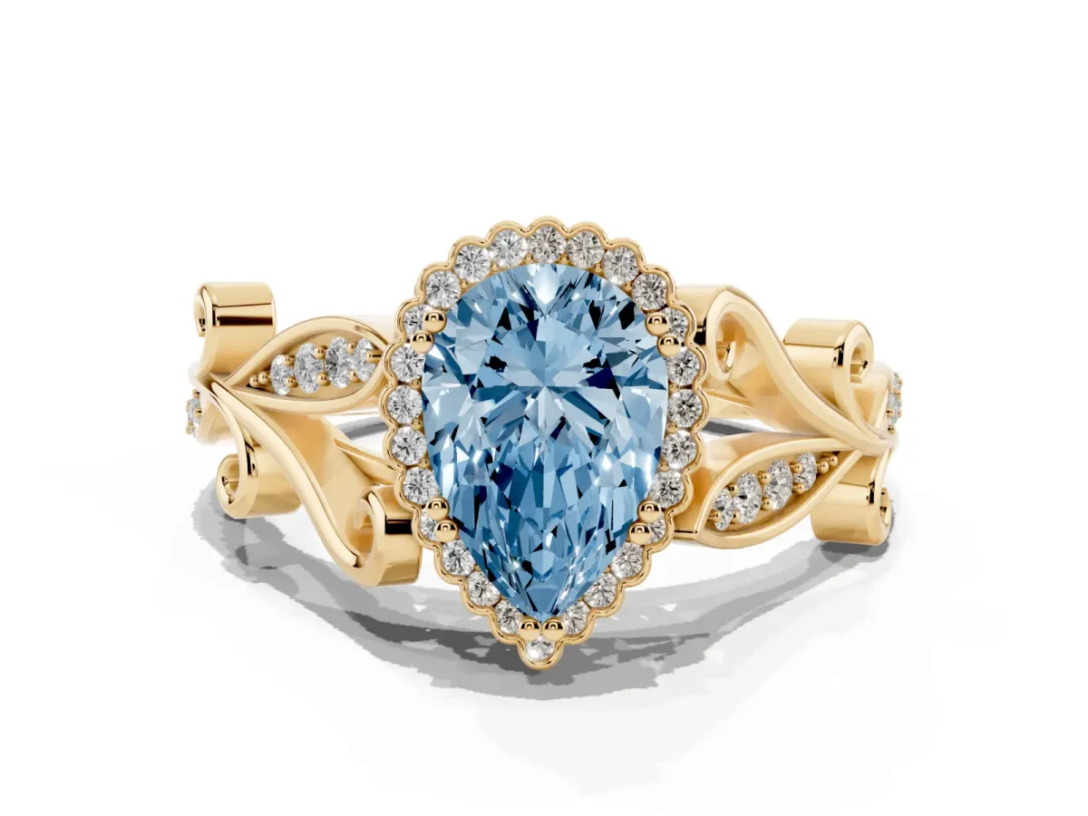 Fancy Blue Pear Cut Diamond Halo Ring with Vintage Split Shank and Four-Prong Setting Yellow gold