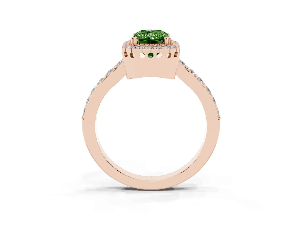 Fancy Green Radiant Cut Cut Diamond Halo Engagement Ring with Milgrain Detail and Pavé Band Rose gold
