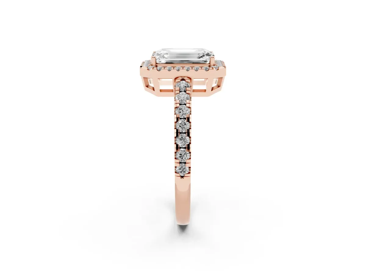 Emerald Cut Diamond Halo Ring with Pavé Band and Four-Prong Setting Rose gold