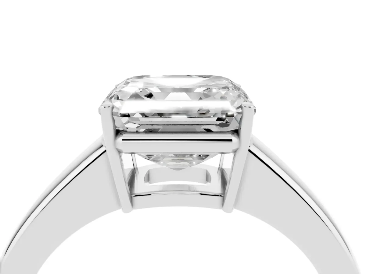 Asscher Cut Solitaire Diamond Ring with Tapered Band and Four-Prong Setting Silver