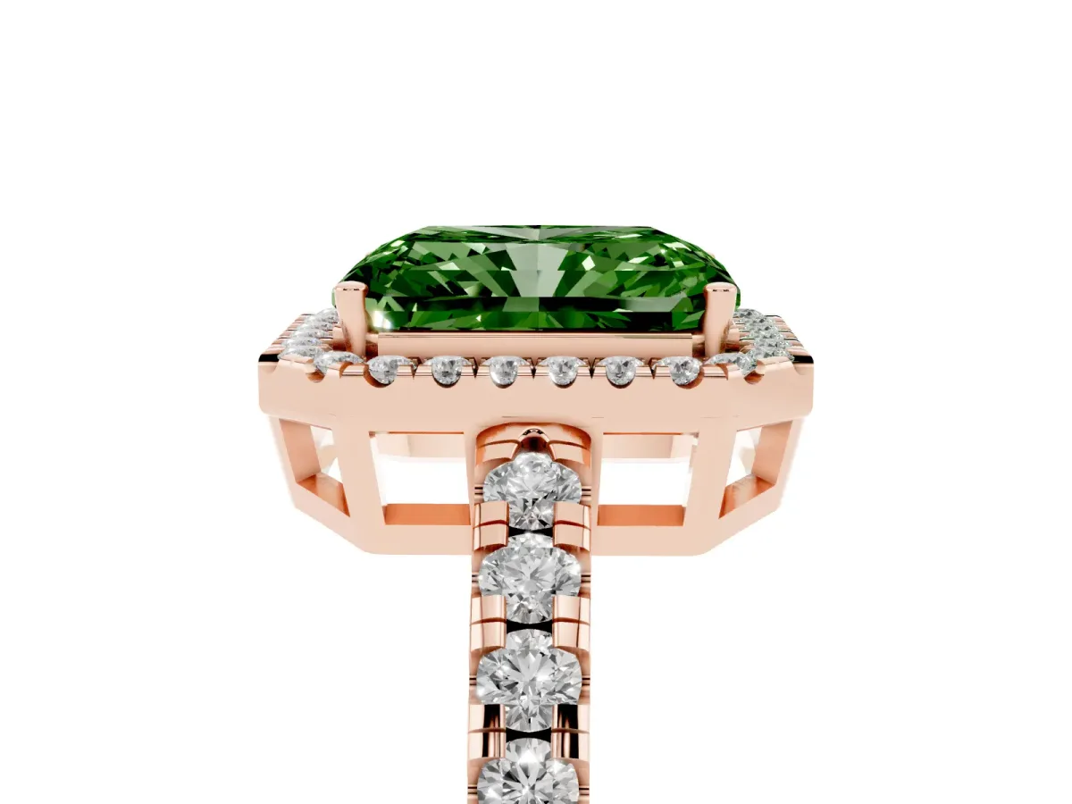 Fancy Green Radiant Cut Diamond Halo Ring with Pavé Band and Four-Prong Setting Rose gold