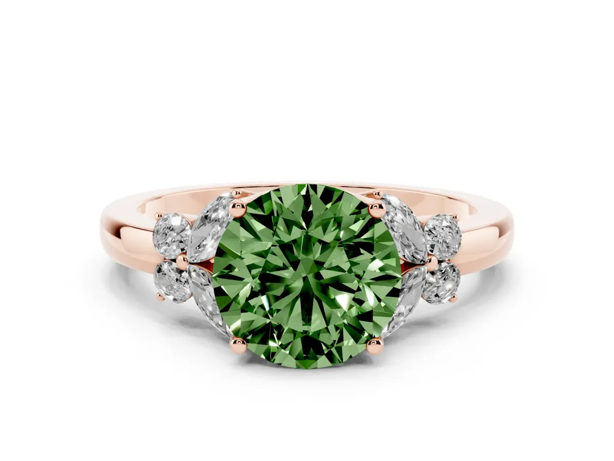 Fancy Green Round Cut Cut Solitaire Floral Diamond Ring with Four-Prong Setting Rose gold