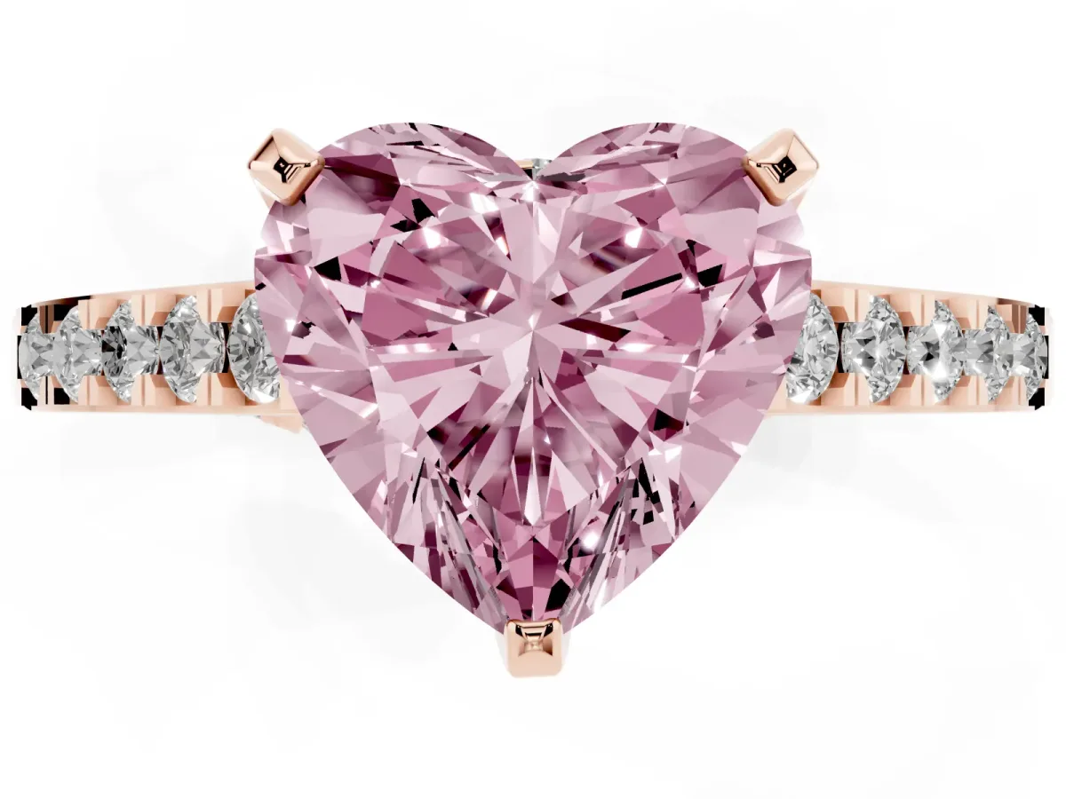 Fancy Pink Heart Cut Diamond Solitaire Ring with Crossover Gallery and Round Pavé Band Rose gold