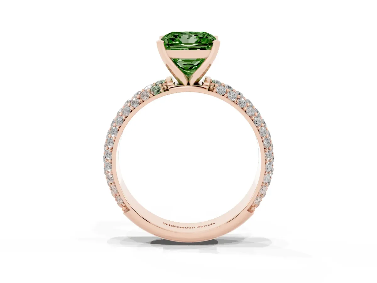 Fancy Green Princess Cut Diamond Solitaire Ring with Prong Setting and Pavé Band Rose gold