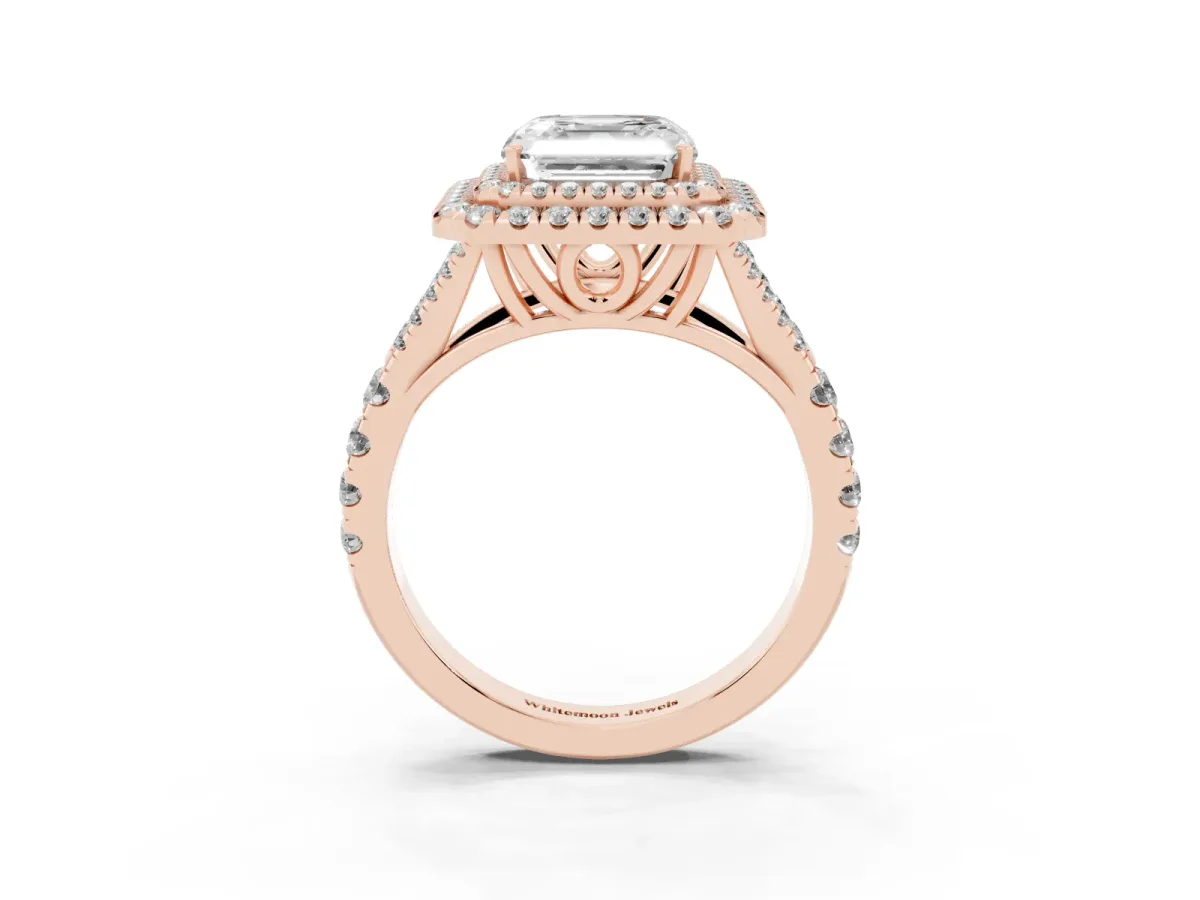 Asscher Cut Cut Double Halo Split Shank Diamond Ring with Prong Setting Rose gold