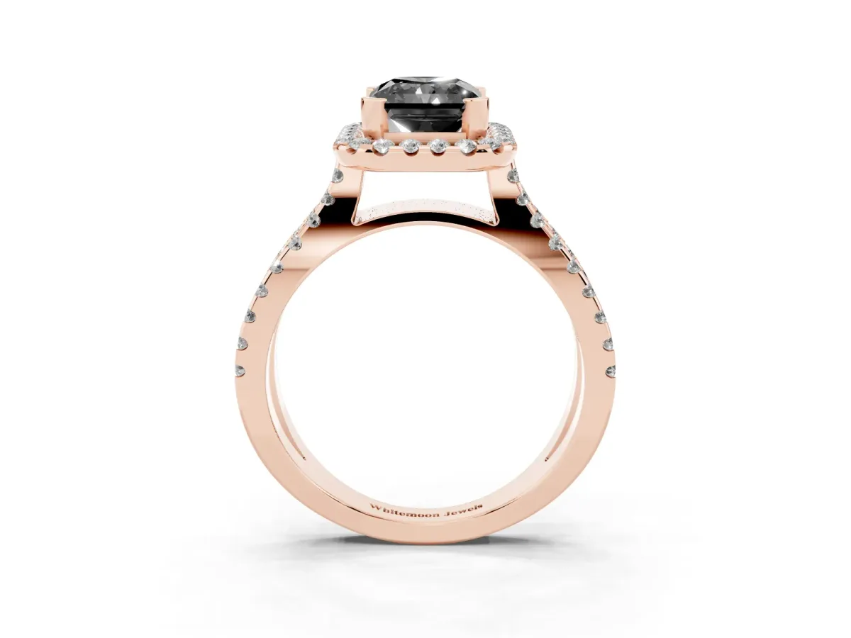 Fancy Black Radiant Cut Diamond Halo Ring with Split Shank Pavé Band and Prong Setting Rose gold