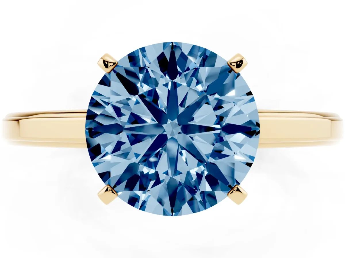 Fancy Blue Round Cut Solitaire Diamond Ring with Four-Prong Setting and Classic Band Yellow gold