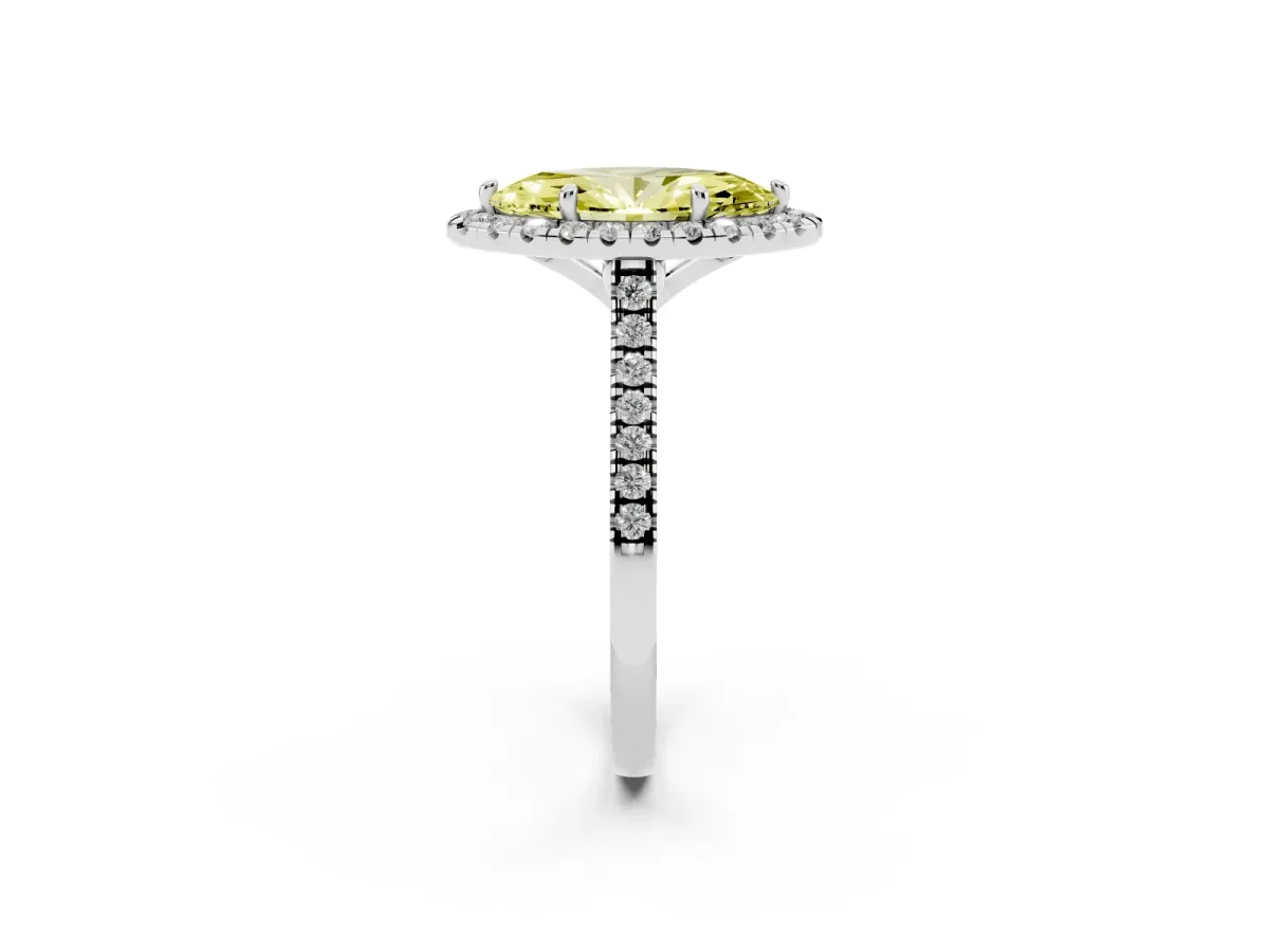 Fancy Yellow Marquise Cut Diamond Cushion Halo Ring with Pavé Band Platinum