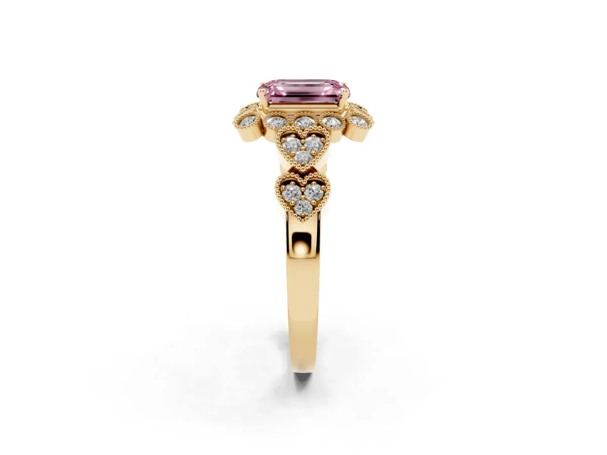 Fancy Pink Emerald Cut Brilliant Milgrain Pave Heart Band Solitaire Ring Yellow gold