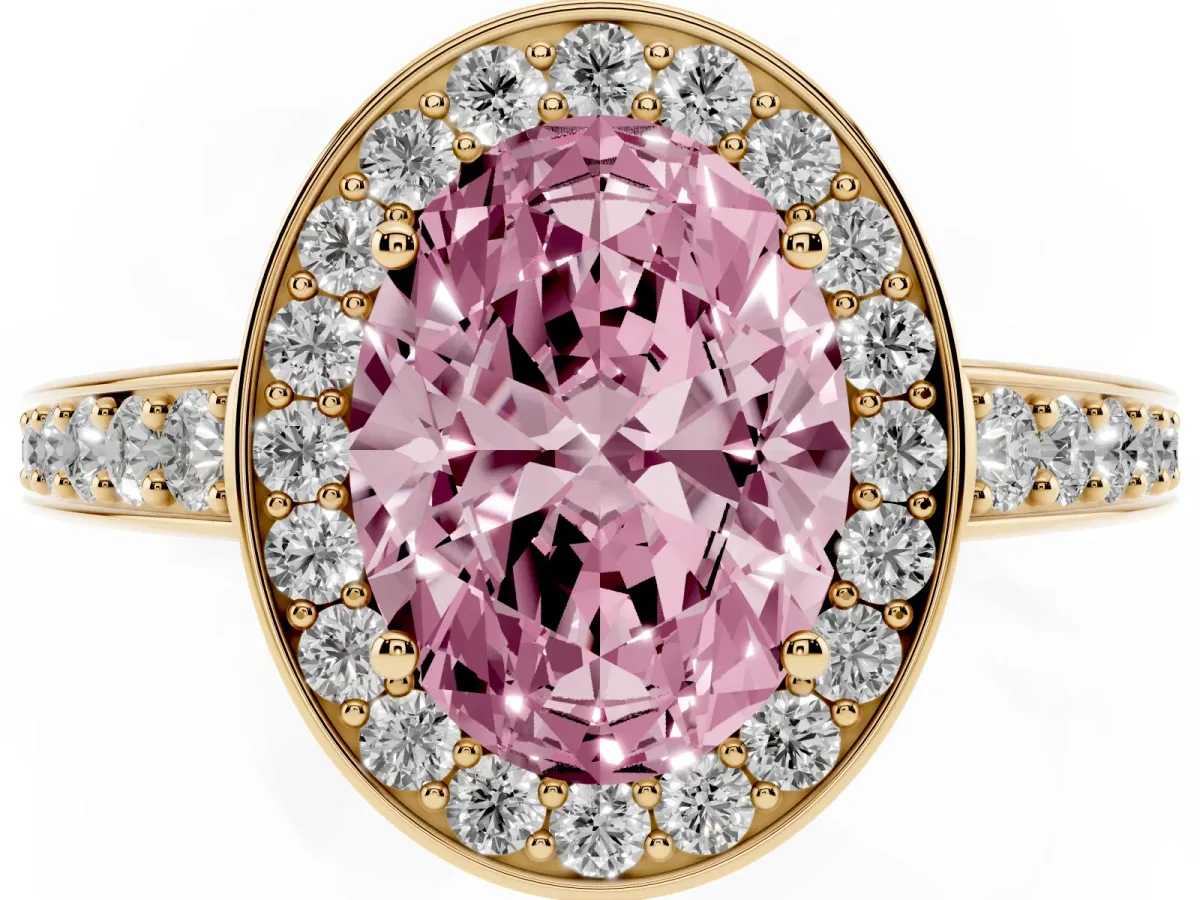 Fancy Pink Oval Cut Halo Pavé Diamond Engagement Ring with Bezel Setting Yellow gold