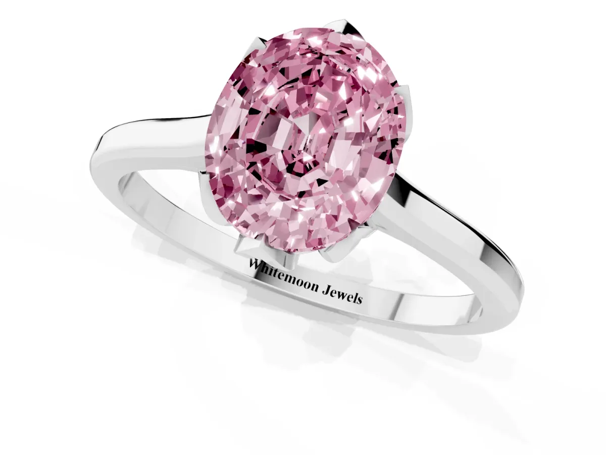 Fancy Pink Oval Cut Diamond Solitaire Ring with Flower Prong Setting and Classic Band Silver