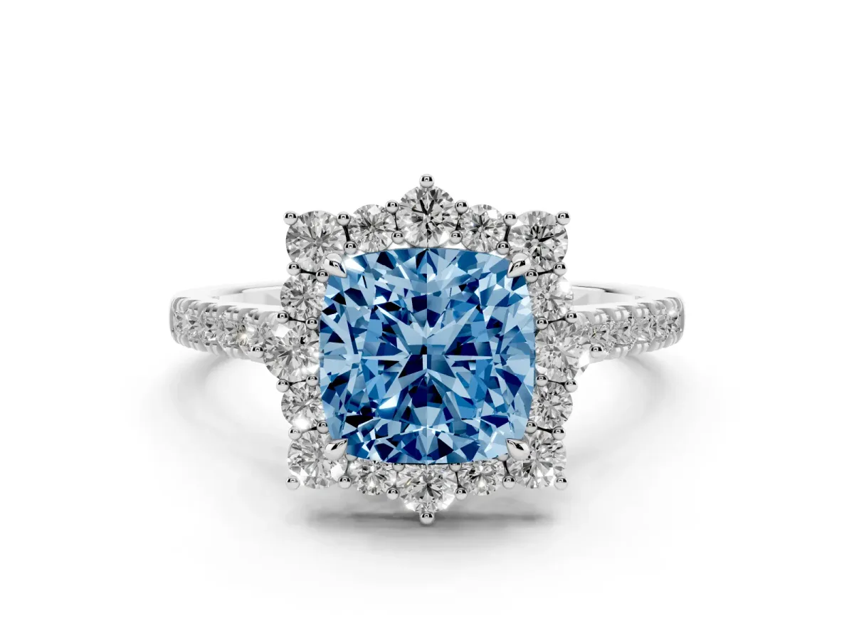 Fancy Blue Cushion Cut Halo Diamond Ring with Pavé Band and Prong Setting White gold