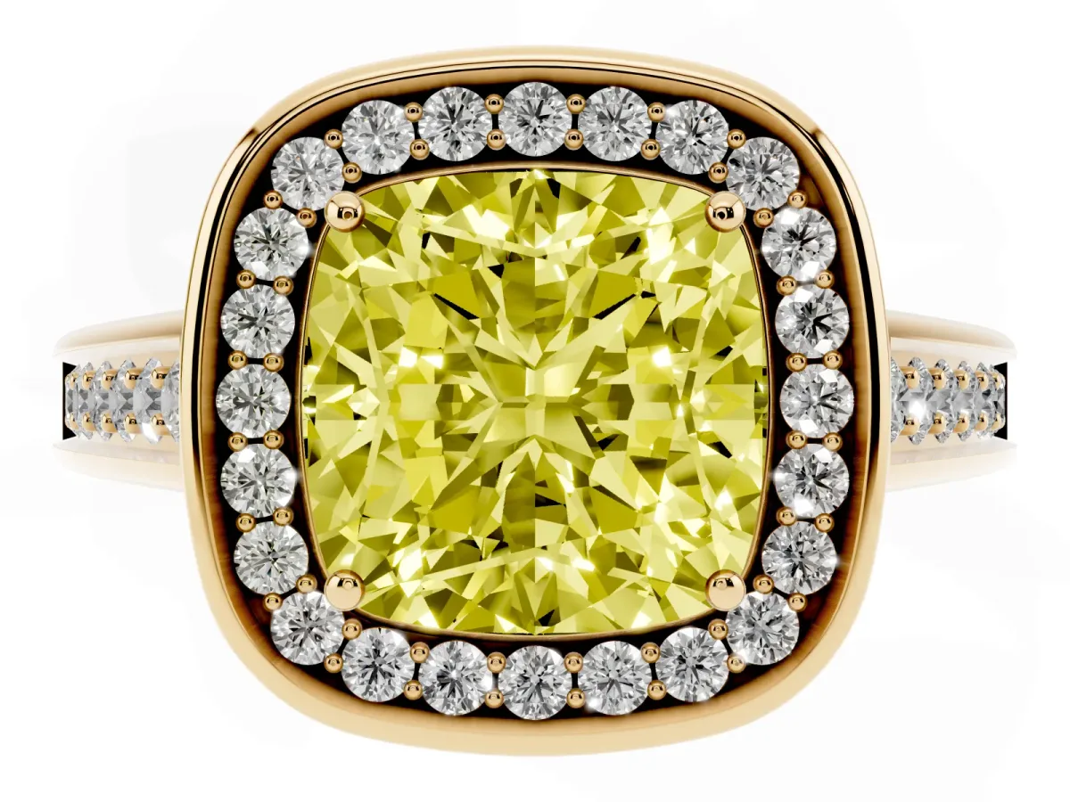 Fancy Yellow Cushion Cut Halo Solitaire Diamond Ring with Pave Band and Bezel Setting Yellow gold