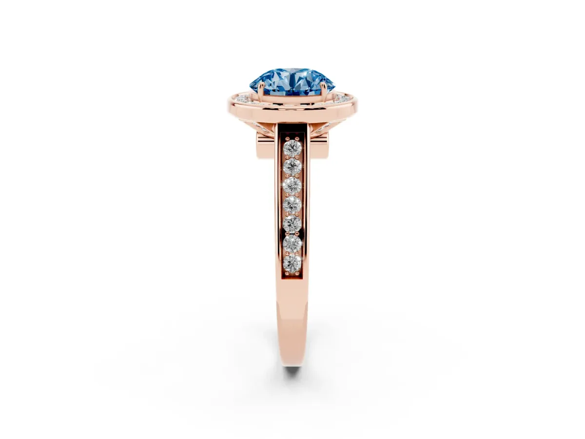 Fancy Blue Round Cut Halo Solitaire Diamond Ring with Pave Band and Bezel Setting Rose gold