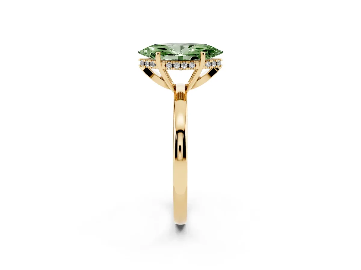 Fancy Green Marquise Cut Solitaire Diamond Ring with Prong Setting and Plain Band Yellow gold