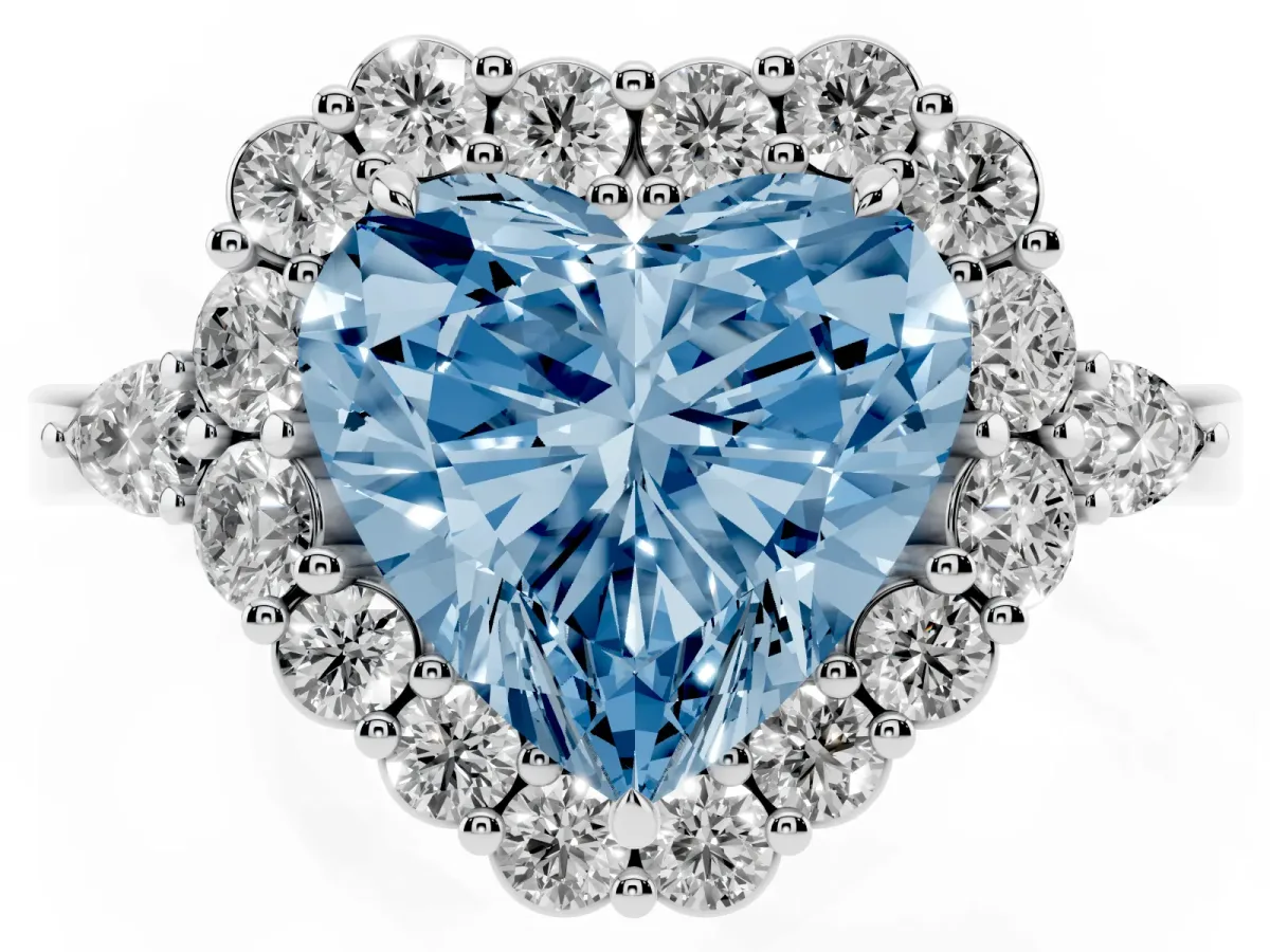 Fancy Blue Heart Cut Diamond Halo Ring with Pear Side Stones and Prong Setting Silver